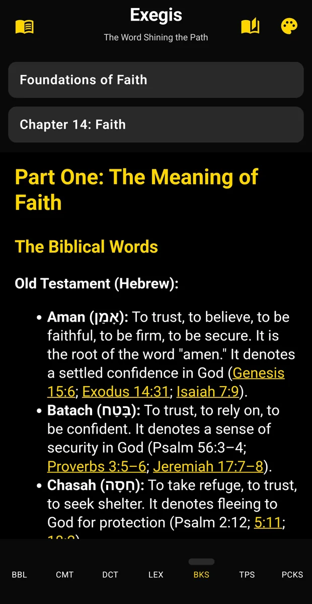 Exegis Android reading Foundations of Faith book in night theme
