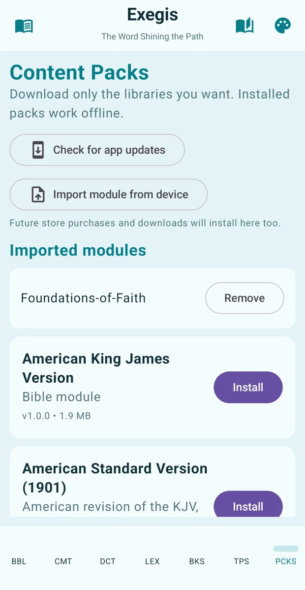 Exegis Android content packs screen with module install and remove controls