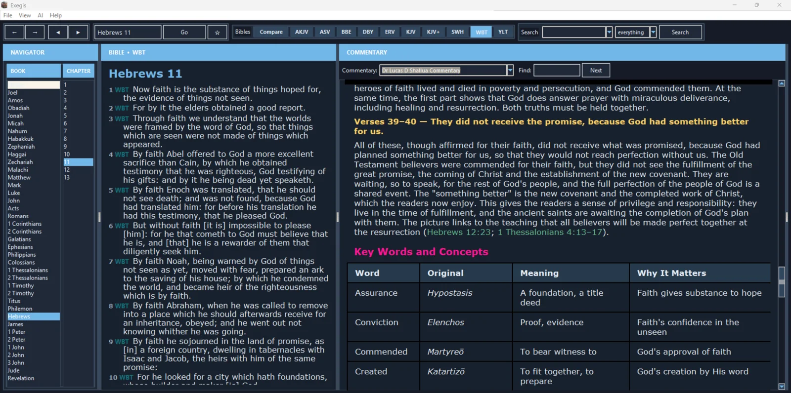 Exegis Windows night theme showing Hebrews 11 commentary and formatted word table